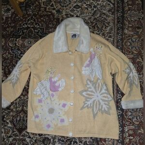 Storybook Knits Angel and Snowflake Cardigan With Faux Fur Accents